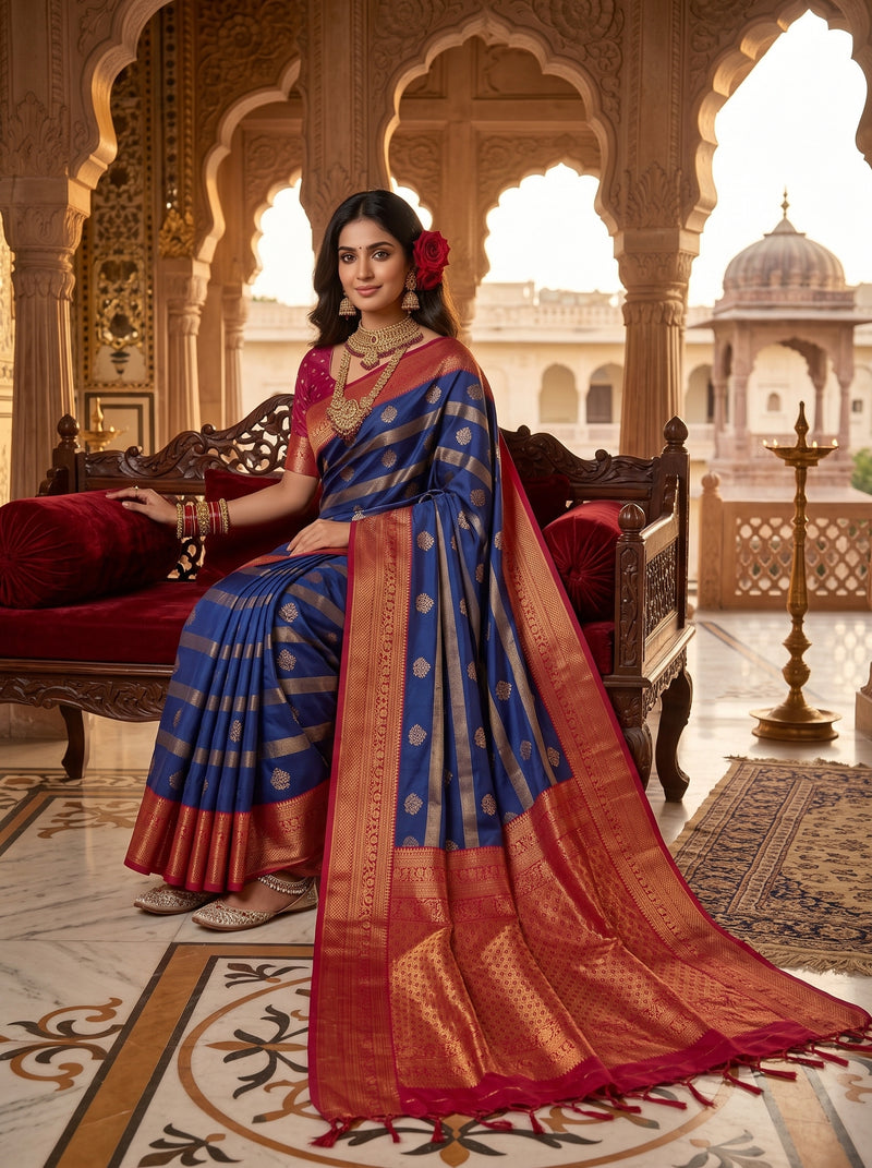 Regal Royal Blue & Rani Pink Striped Banarasi Silk Saree