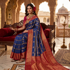 Regal Royal Blue & Rani Pink Striped Banarasi Silk Saree