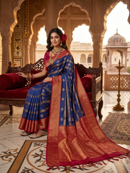 Regal Royal Blue & Rani Pink Striped Banarasi Silk Saree