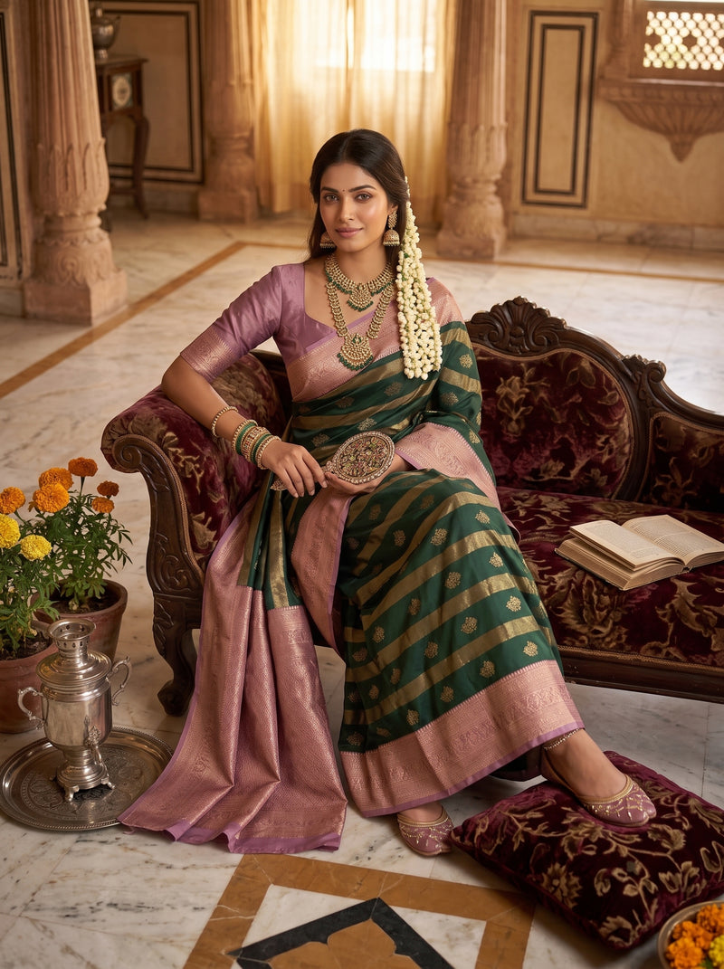 Bottle Green Art Silk Banarasi Saree with Dusty Pink Contrast Border & Blouse Piece