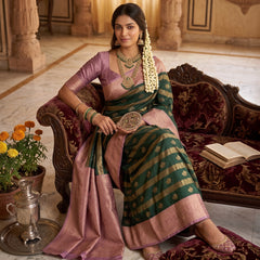 Bottle Green Art Silk Banarasi Saree with Dusty Pink Contrast Border & Blouse Piece