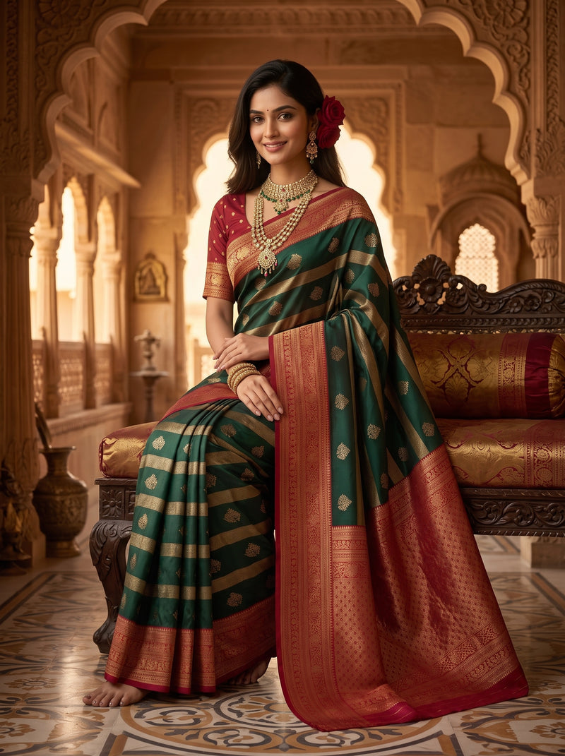 Regal Bottle Green & Crimson Red Striped Banarasi Silk Saree