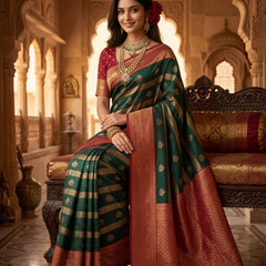 Regal Bottle Green & Crimson Red Striped Banarasi Silk Saree
