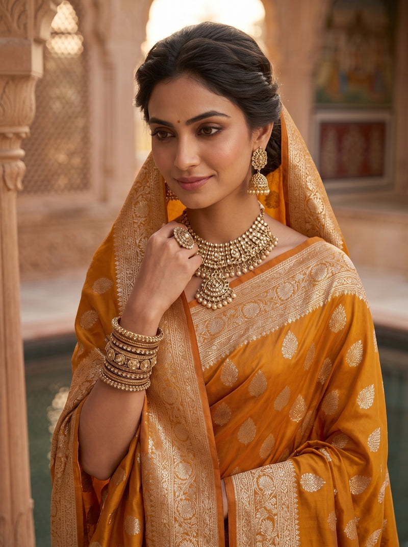 Mustard Yellow Banarasi Silk Saree with Golden Zari Butti Work, Woven Border & Traditional Designer Pallu for Women