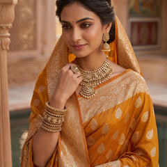 Mustard Yellow Banarasi Silk Saree with Golden Zari Butti Work, Woven Border & Traditional Designer Pallu for Women