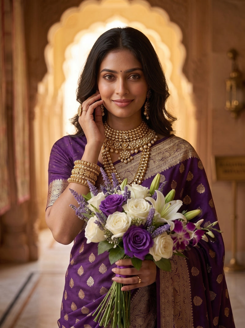 Royal Purple Banarasi Silk Saree with Golden Zari Butti Work, Woven Border & Rich Designer Pallu for Women