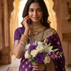 Royal Purple Banarasi Silk Saree with Golden Zari Butti Work, Woven Border & Rich Designer Pallu for Women