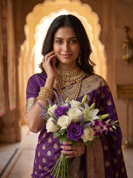 Royal Purple Banarasi Silk Saree with Golden Zari Butti Work, Woven Border & Rich Designer Pallu for Women