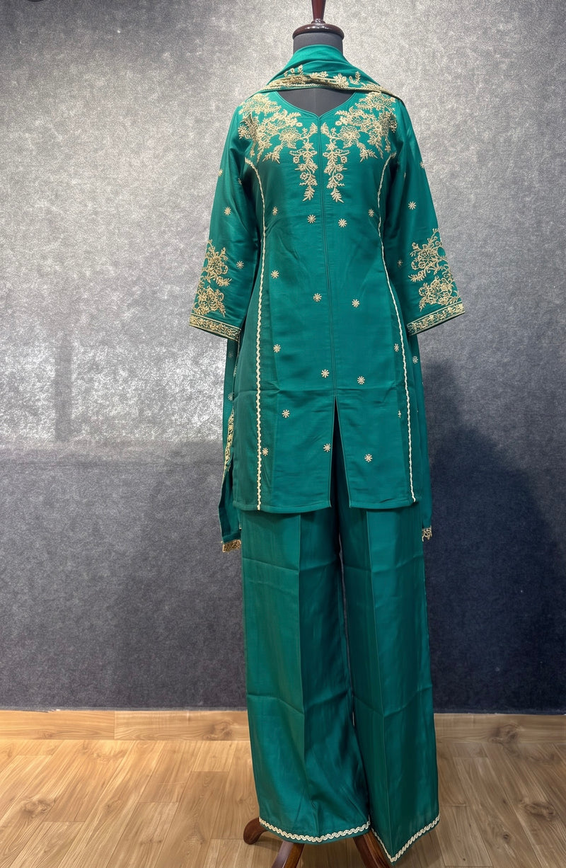 Emerald Green Embroidered Kurta Set with Palazzo and Dupatta
