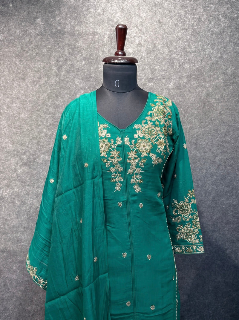 Emerald Green Embroidered Kurta Set with Palazzo and Dupatta