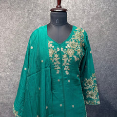 Emerald Green Embroidered Kurta Set with Palazzo and Dupatta