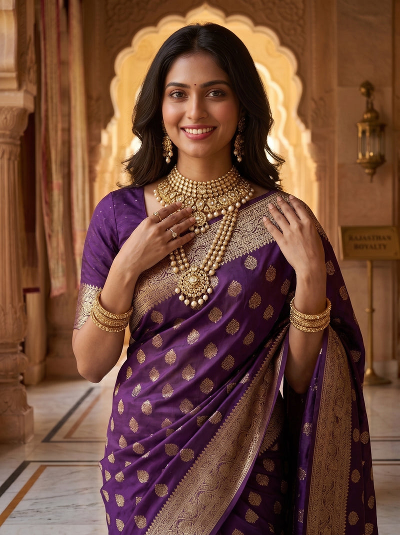 Royal Purple Banarasi Silk Saree with Golden Zari Butti Work, Woven Border & Rich Designer Pallu for Women