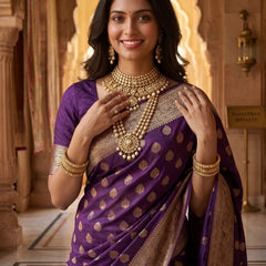 Royal Purple Banarasi Silk Saree with Golden Zari Butti Work, Woven Border & Rich Designer Pallu for Women