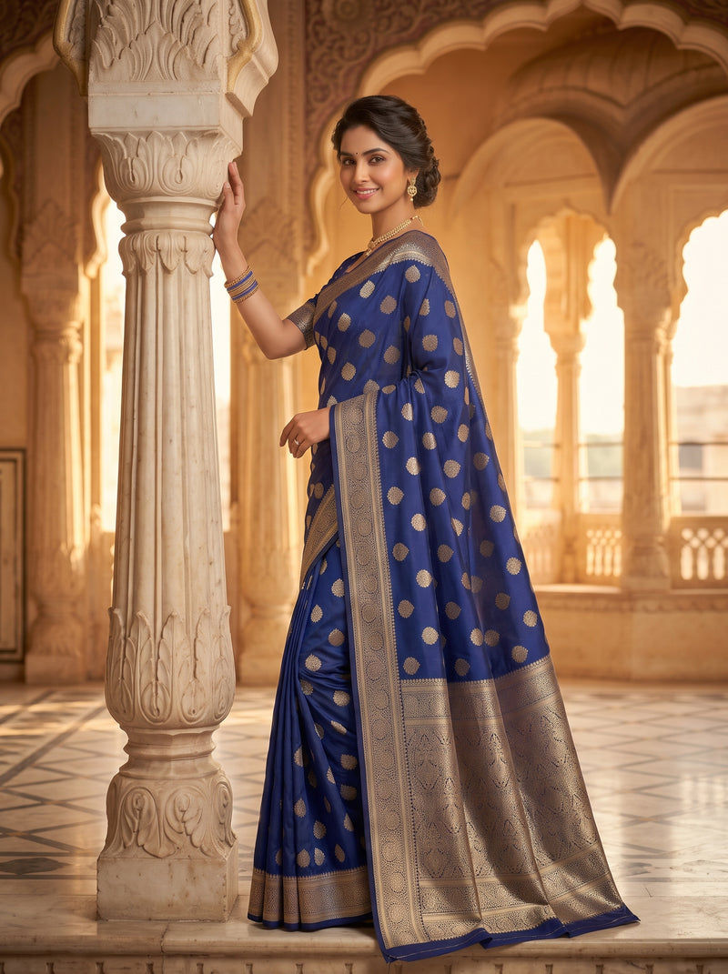 Royal Blue Banarasi Silk Saree with Golden Zari Butti Work, Traditional Woven Border & Rich Designer Pallu for Women