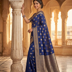 Royal Blue Banarasi Silk Saree with Golden Zari Butti Work, Traditional Woven Border & Rich Designer Pallu for Women