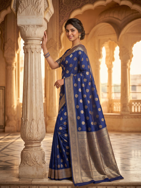 Royal Blue Banarasi Silk Saree with Golden Zari Butti Work, Traditional Woven Border & Rich Designer Pallu for Women