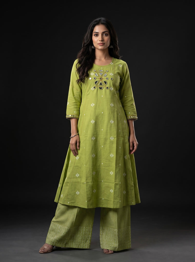 Lime Green Mirror-Work Kurta with Striped Palazzo