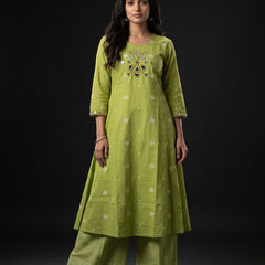 Lime Green Mirror-Work Kurta with Striped Palazzo