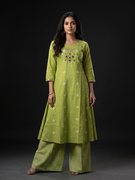 Lime Green Mirror-Work Kurta with Striped Palazzo