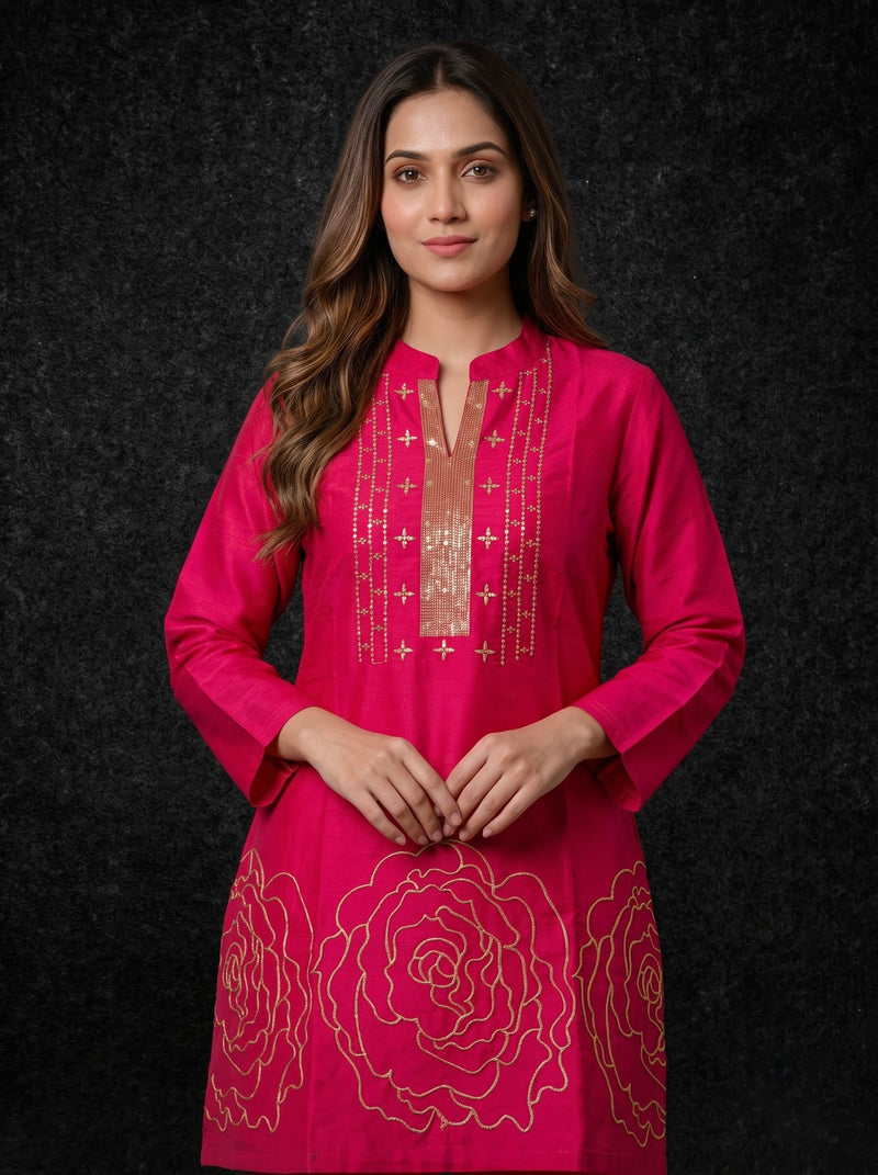 Magenta Kurta with Gold Sequin Yoke and Rose Embroidery