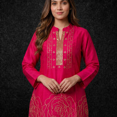Magenta Kurta with Gold Sequin Yoke and Rose Embroidery
