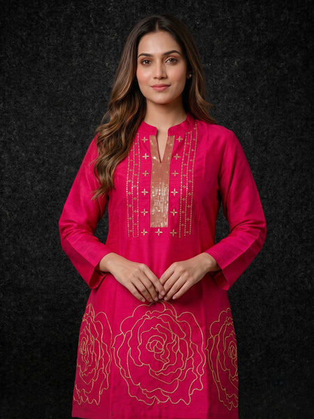 Magenta Kurta with Gold Sequin Yoke and Rose Embroidery