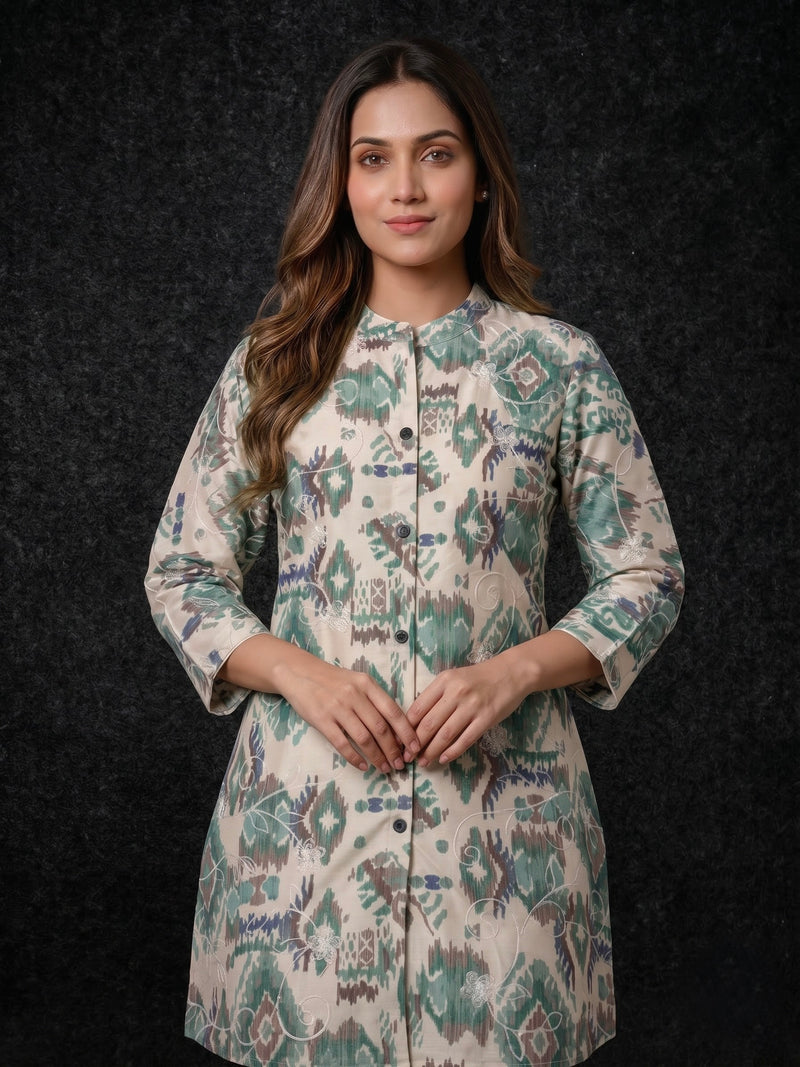 Ikat Print Button-Down Tunic with Embroidery