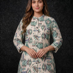 Ikat Print Button-Down Tunic with Embroidery