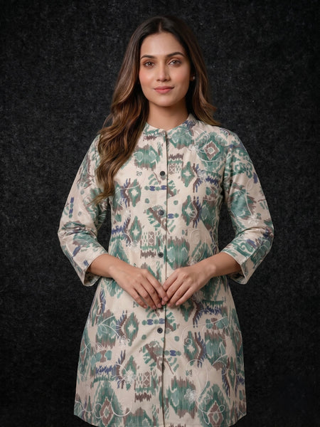 Ikat Print Button-Down Tunic with Embroidery