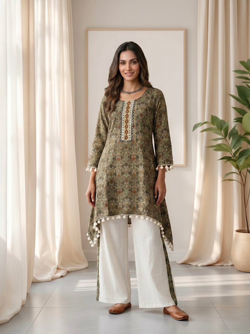 Olive Green Printed Tunic with Pom-Pom Trim