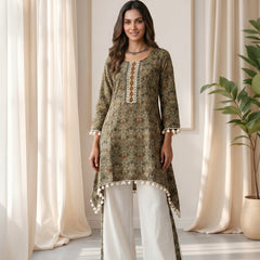 Olive Green Printed Tunic with Pom-Pom Trim