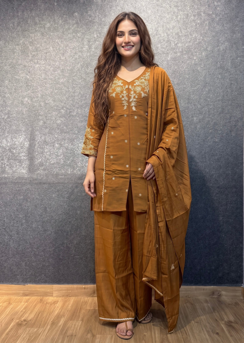 Caramel Brown Embroidered Kurta Set with Palazzo and Dupatta