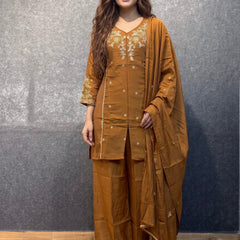 Caramel Brown Embroidered Kurta Set with Palazzo and Dupatta