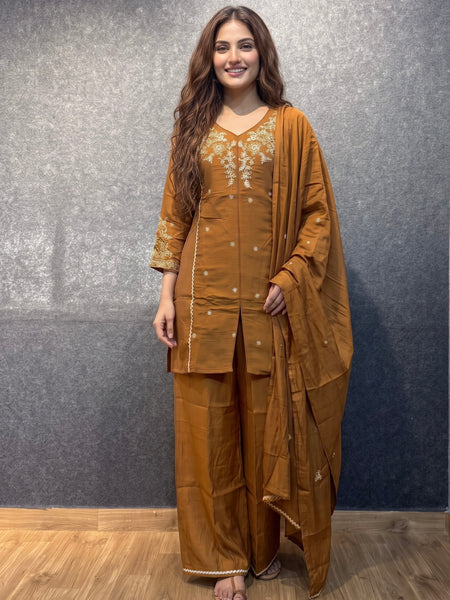 Caramel Brown Embroidered Kurta Set with Palazzo and Dupatta