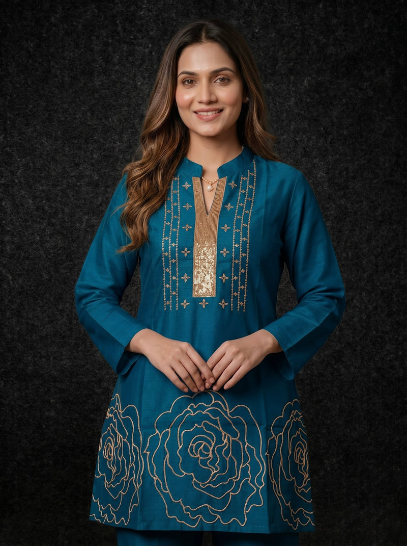 Teal Kurta with Gold Sequin Yoke and Rose Embroidery