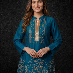 Teal Kurta with Gold Sequin Yoke and Rose Embroidery