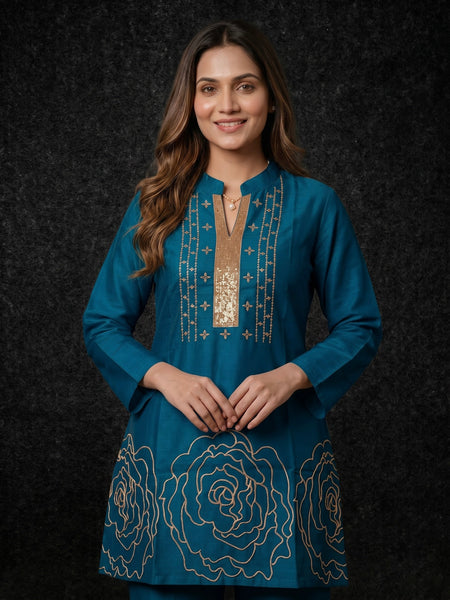 Teal Kurta with Gold Sequin Yoke and Rose Embroidery