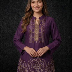 Deep Purple Kurta with Gold Sequin Yoke and Rose Embroidery