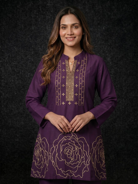Deep Purple Kurta with Gold Sequin Yoke and Rose Embroidery