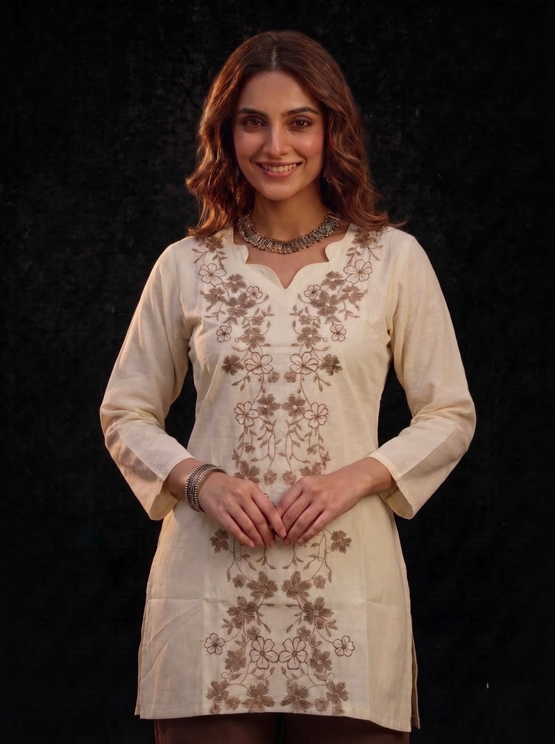Cream Tunic with Tan Floral Embroidery