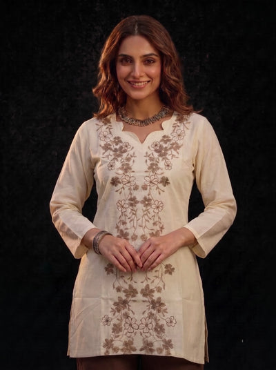 Cream Tunic with Tan Floral Embroidery
