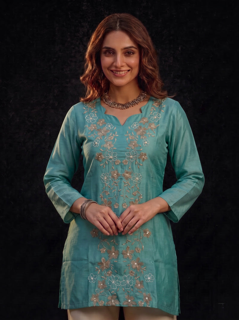 Teal Tunic with Gold and White Floral Embroidery
