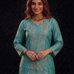 Teal Tunic with Gold and White Floral Embroidery