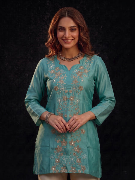 Teal Tunic with Gold and White Floral Embroidery