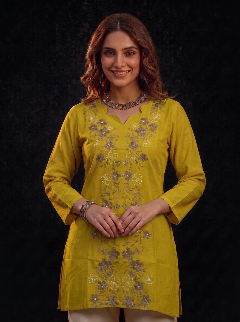 Mustard Tunic with Grey Floral Embroidery