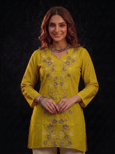 Mustard Tunic with Grey Floral Embroidery