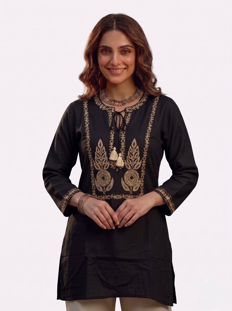 Black Kurta with Gold Zari Embroidery and Tassel Tie