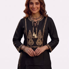Black Kurta with Gold Zari Embroidery and Tassel Tie