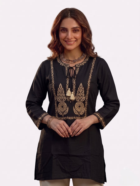 Black Kurta with Gold Zari Embroidery and Tassel Tie
