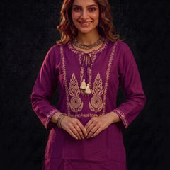 Magenta Kurta with Gold Embroidery and Tassel Tie